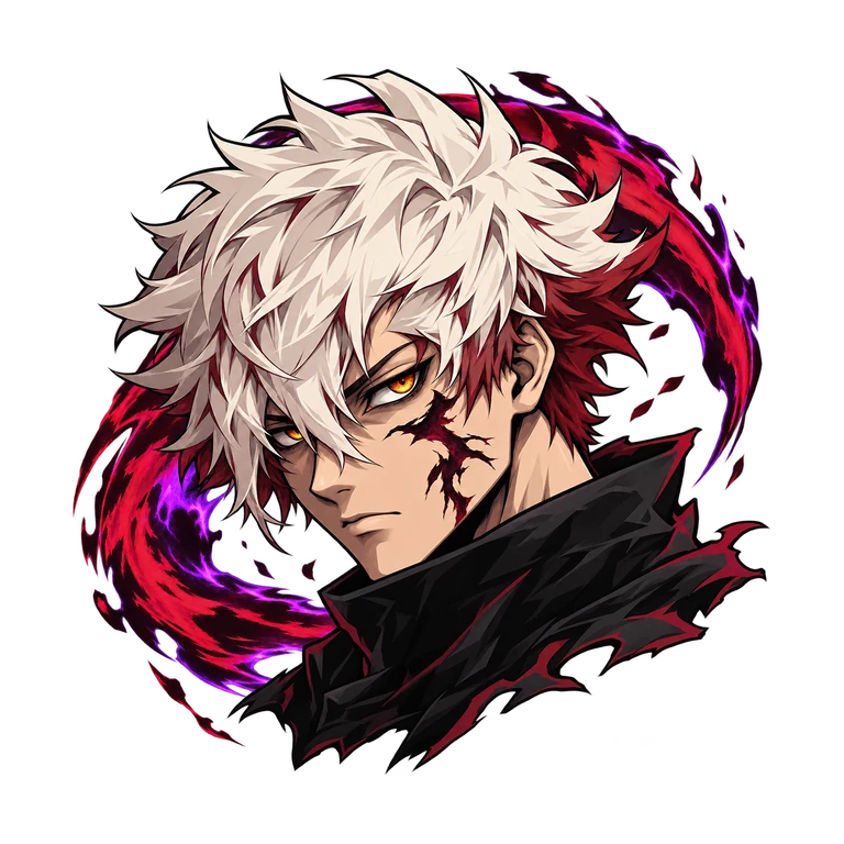 An original anime fighter with ivory hair, a curse-marked cheek, and crimson-violet energy.